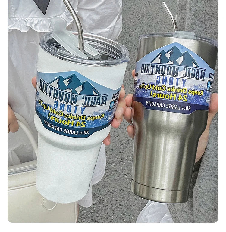 Magic Stainless Steel Thermos Cup with Straw – Vacuum Insulated Ice Coffee Travel Bottle for Car, Outdoor & Mountain Use