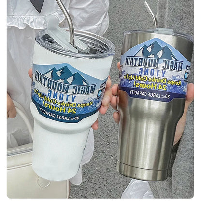 Magic Stainless Steel Thermos Cup with Straw – Vacuum Insulated Ice Coffee Travel Bottle for Car, Outdoor & Mountain Use