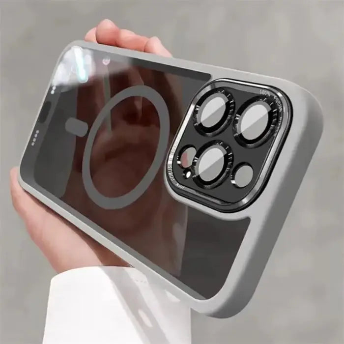 Luxury Magnetic Metal Lens Case – Hard Clear Protective Cover for iPhone 16, 15, 14, 13, 12, 11 Pro Max with Wireless Charging