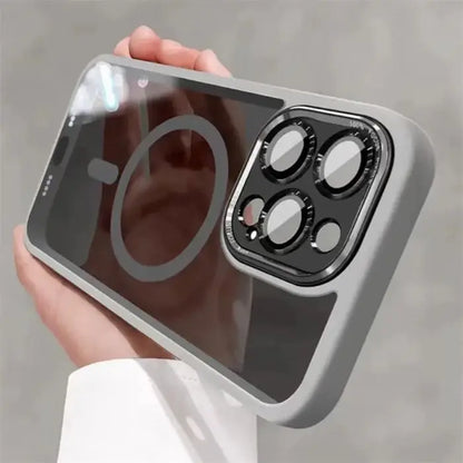Luxury Magnetic Metal Lens Case – Hard Clear Protective Cover for iPhone 16, 15, 14, 13, 12, 11 Pro Max with Wireless Charging