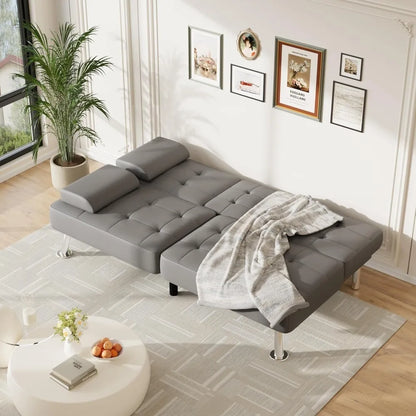 Adjustable PU Leather Futon Sofa Bed with Built-in Cup Holders – Modern Convertible Sleeper Couch