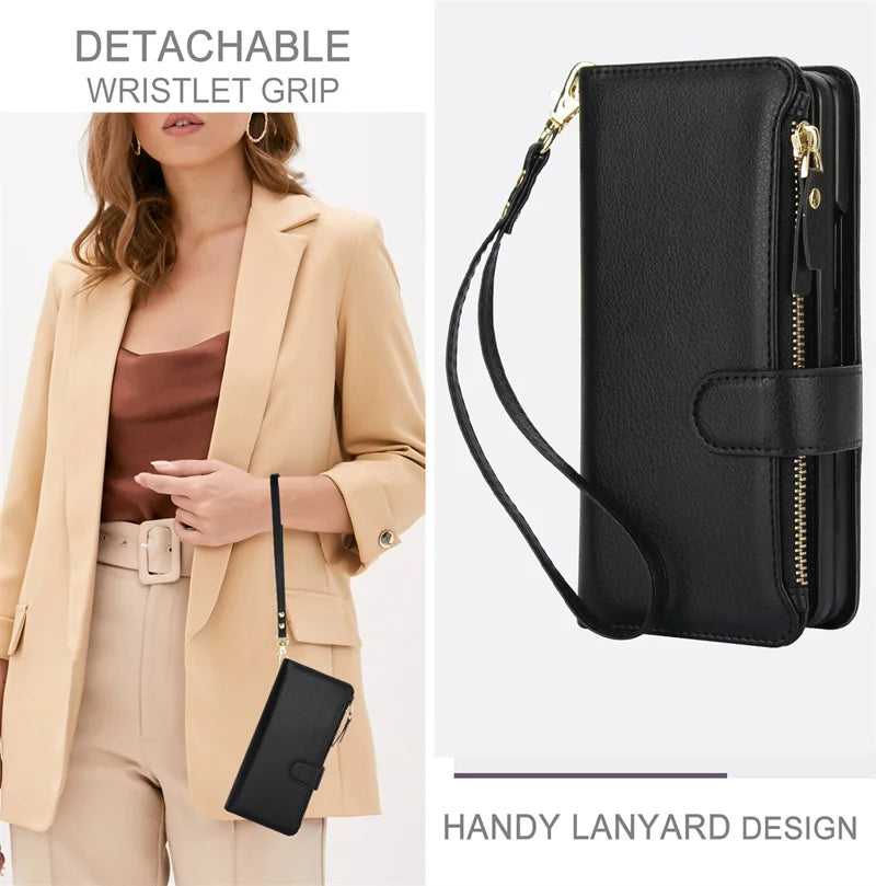 Leather Wristband Wallet Case for Samsung Galaxy Z Fold 3/4/5/6 – Shock Resistant Protective Cover