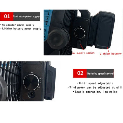 12-Inch Portable Camping Fan – AC/DC Dual-Use Table & Desktop Fan Compatible with Makita 18V, Lomvum, Zhipu, Hongsong, Jingmi Li-ion Batteries