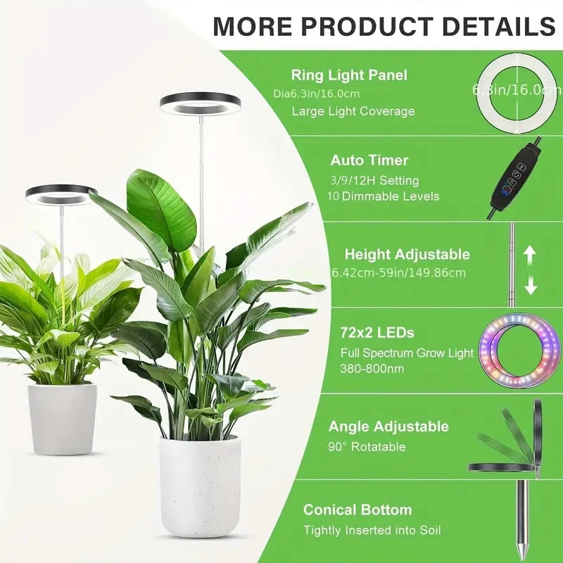 Height Adjustable LED Grow Light — Full Spectrum Plant Growing Lamp with 3 Timers for Indoor Large Plants