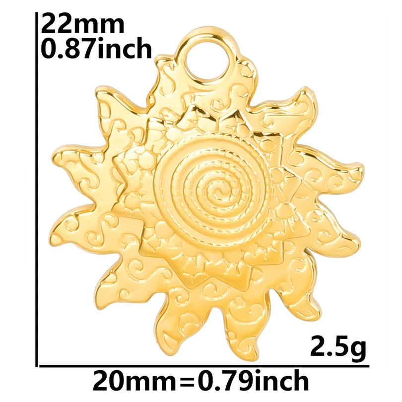 6pcs Real Gold-Plated Sun Charms - Stainless Steel Jewelry Making Pendants, Heart, Moon & Sunshine Design