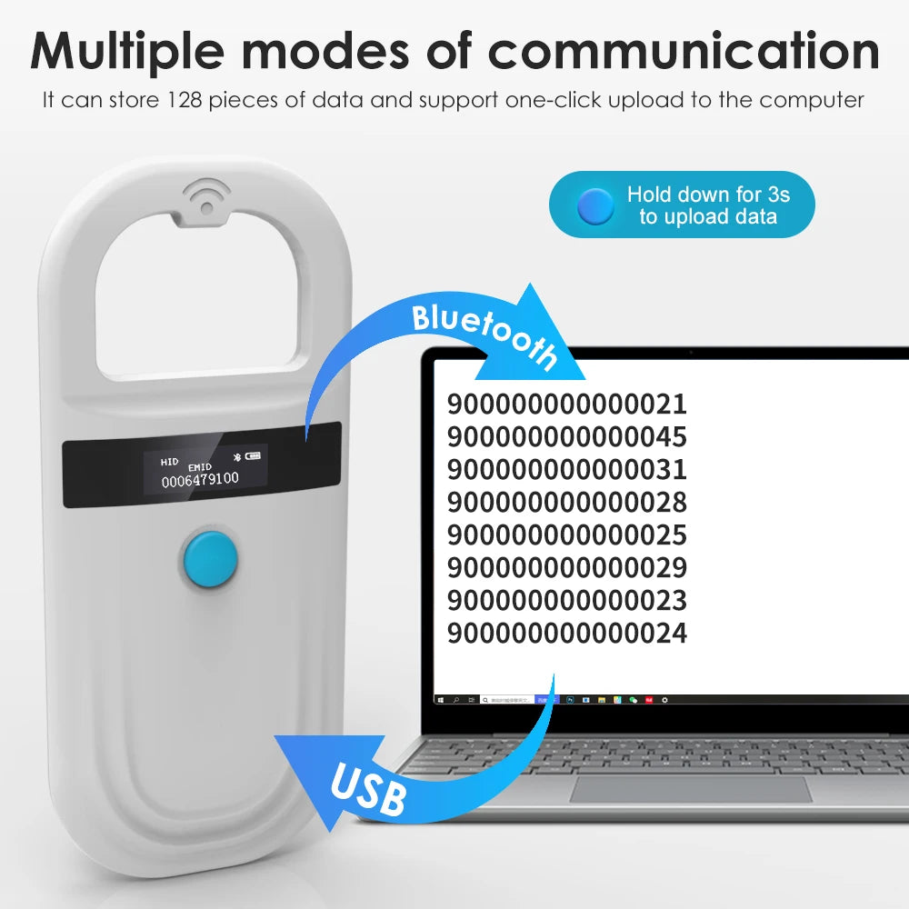 Handheld Animal RFID Reader - 134.2KHz & 125kHz Pet Microchip Scanner, USB/Bluetooth Tag Reader for Cats & Dogs with Tags