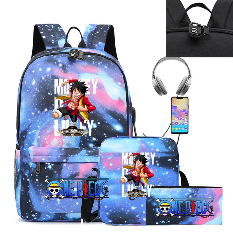 3PC One Piece Luffy School Backpack Set – Rechargeable Anime Bag for Boys & Girls, Student Cartoon Mochila
