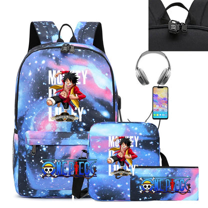 3PC One Piece Luffy School Backpack Set – Rechargeable Anime Bag for Boys & Girls, Student Cartoon Mochila