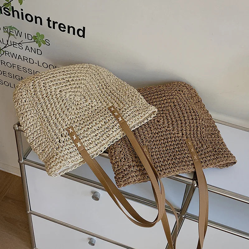 Handmade Woven Straw Beach Bag – Large Capacity Women’s Raffia Shoulder Tote for Summer Travel