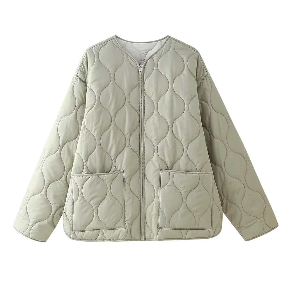 PB&ZA2024 Women's Autumn Cotton Jacket – Quilted Coat with Round Neck, Loose Fit & Pocket Decoration
