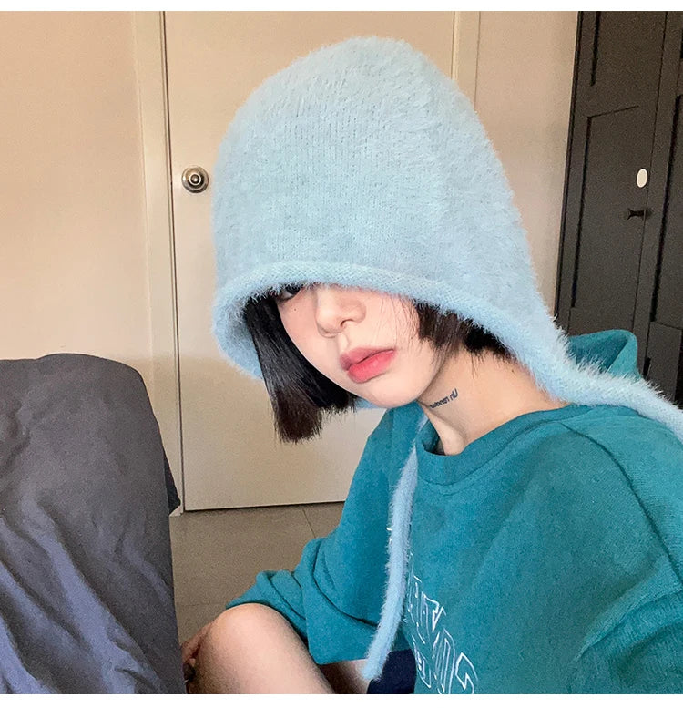 Y2K Cute Beanie Hat – Warm Japanese Knit for Autumn & Winter, Ear Protection, Tie Pullover Cap for Men & Women