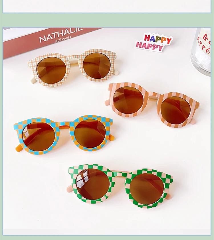 2023 Kids Checker Panel Round Sunglasses – Cute UV400 Sun Protection for Baby Girls & Children Outdoor Wear