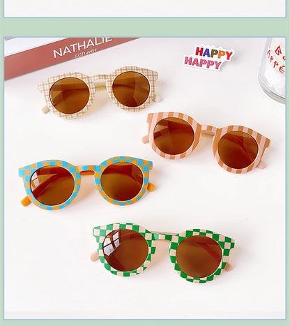 2023 Kids Checker Panel Round Sunglasses – Cute UV400 Sun Protection for Baby Girls & Children Outdoor Wear