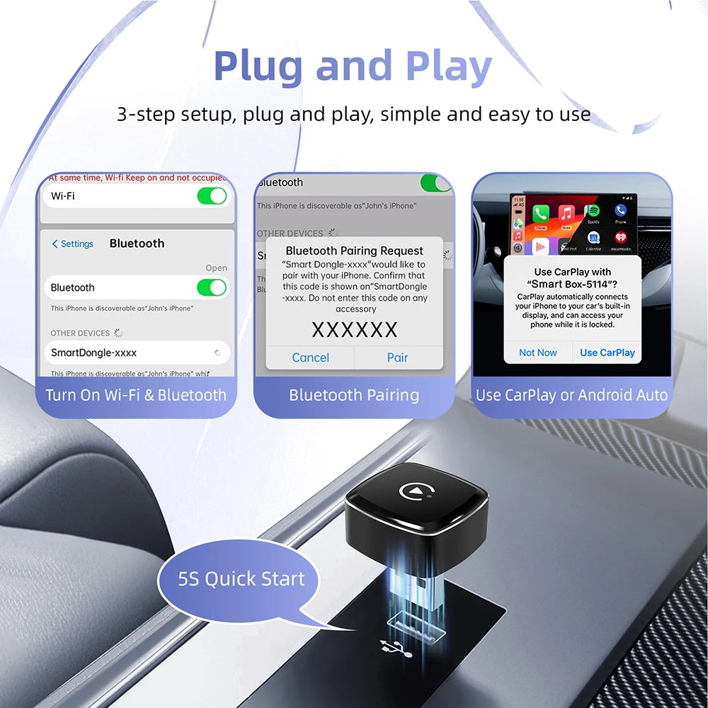 Wireless CarPlay & Android Auto Adapter – USB Mini Dongle Plug & Play for VW, Toyota, Nissan, Honda, Ford, Benz