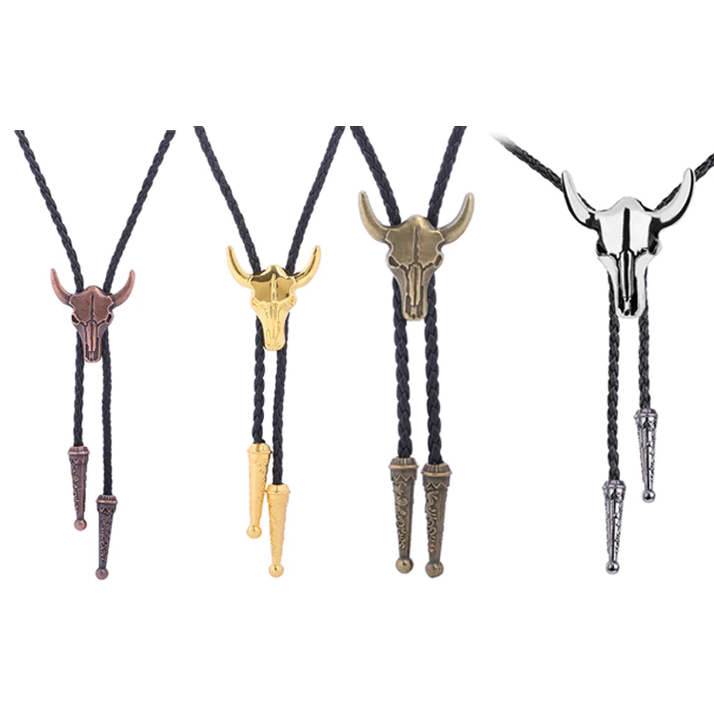 Golden Bolo Tie for Men – Adjustable Cowboy Garment Accessory with Bull Head Pendant, Western Style Necklace