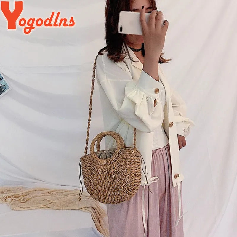 Yogodlns Handmade Half-Round Rattan Straw Bag – Summer Women’s Small Beach Messenger Crossbody Handbag