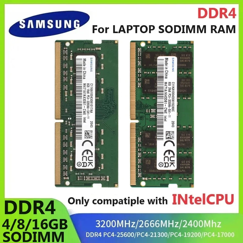 Samsung DDR4 SODIMM Laptop RAM – 4GB, 8GB, 16GB 2400MHz, 2666MHz, 3200MHz for Intel CPUs