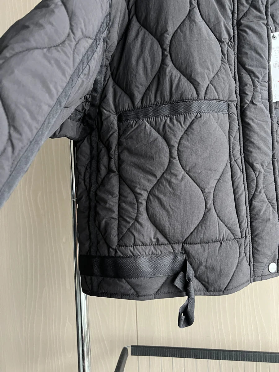 2024 ETJ Quilted Women's Coat – Beige Drawstring High Neck Jacket with Ties & Pockets