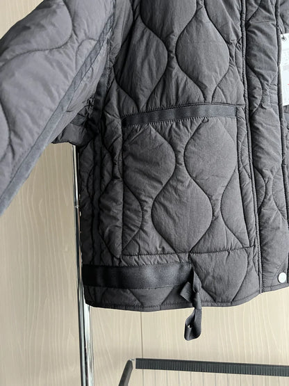 2024 ETJ Quilted Women's Coat – Beige Drawstring High Neck Jacket with Ties & Pockets