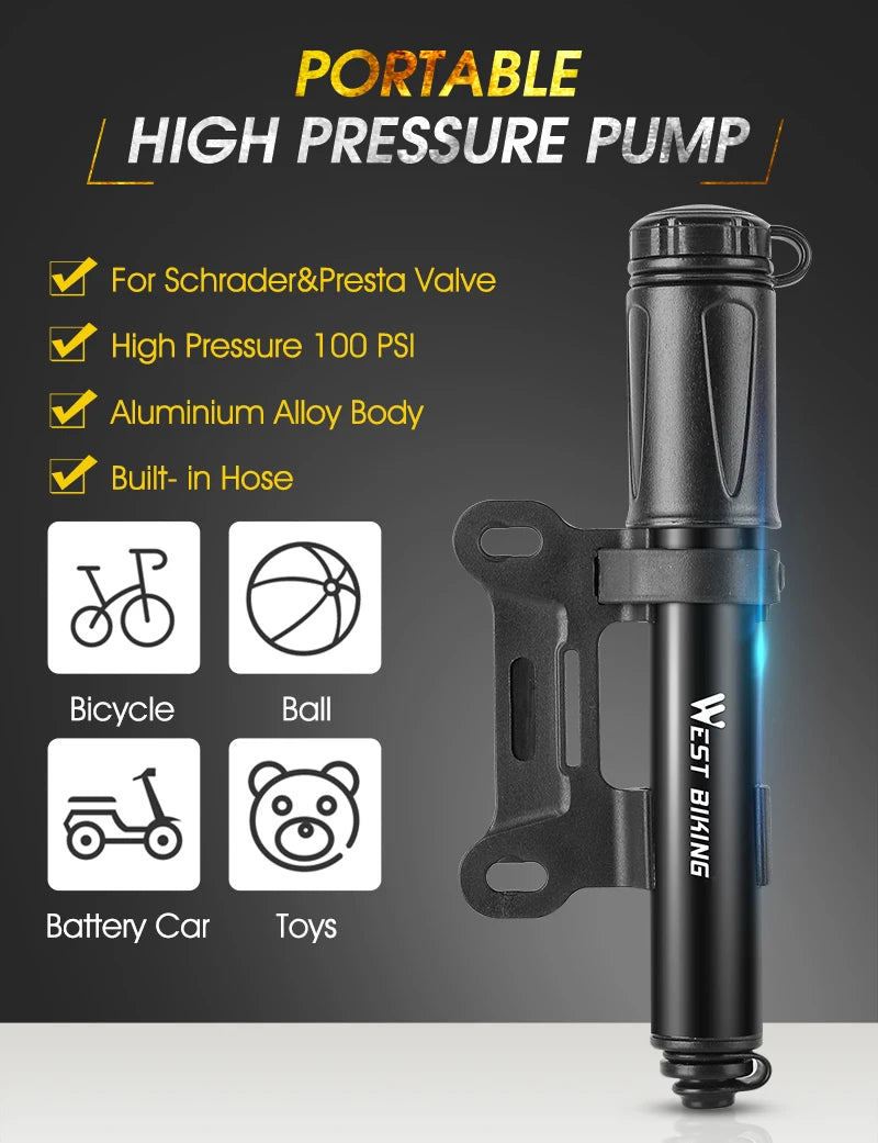 WEST BIKING Mini Bicycle Pump – Portable 100PSI Aluminum Alloy Hand Pump for Schrader & Presta Valves, MTB & Road Bikes