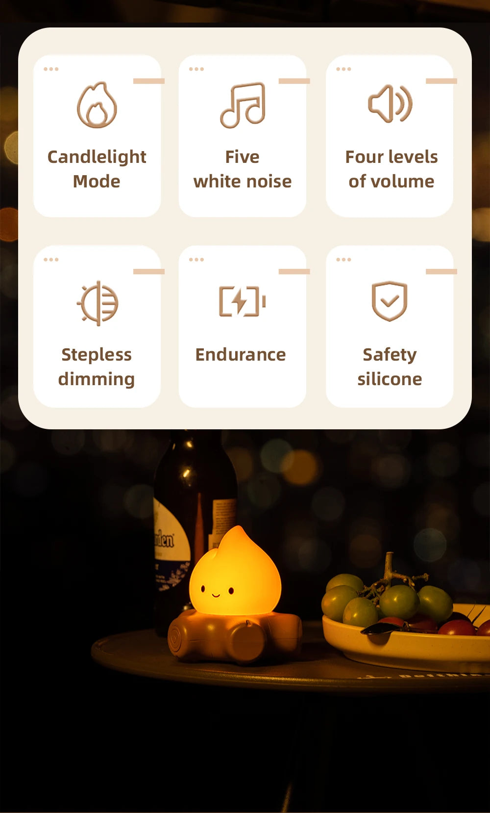 Campfire LED Night Light with White Noise – Creative Room Desk Lamp for Kids Gift