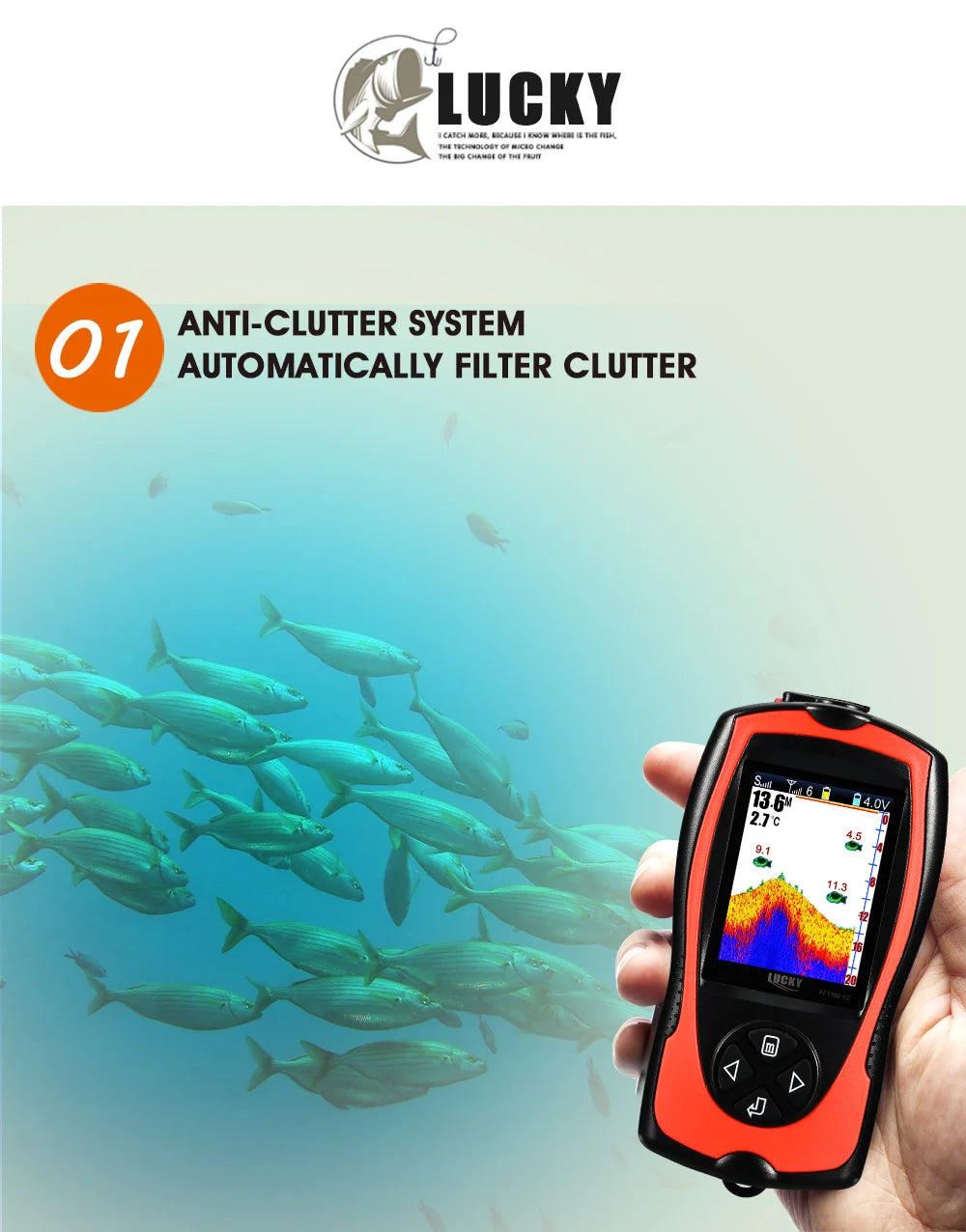 Lucky Sonar Fish Finder FF1108-1CWLA – Rechargeable Wireless Sensor, 45M Depth Echo Sounder for Portable Fishing