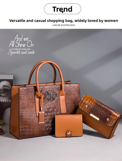 New Crocodile Pattern Handbag Set for Women — 3Pcs Tote, Shoulder Bag & Clutch, Large Capacity Fashion Set