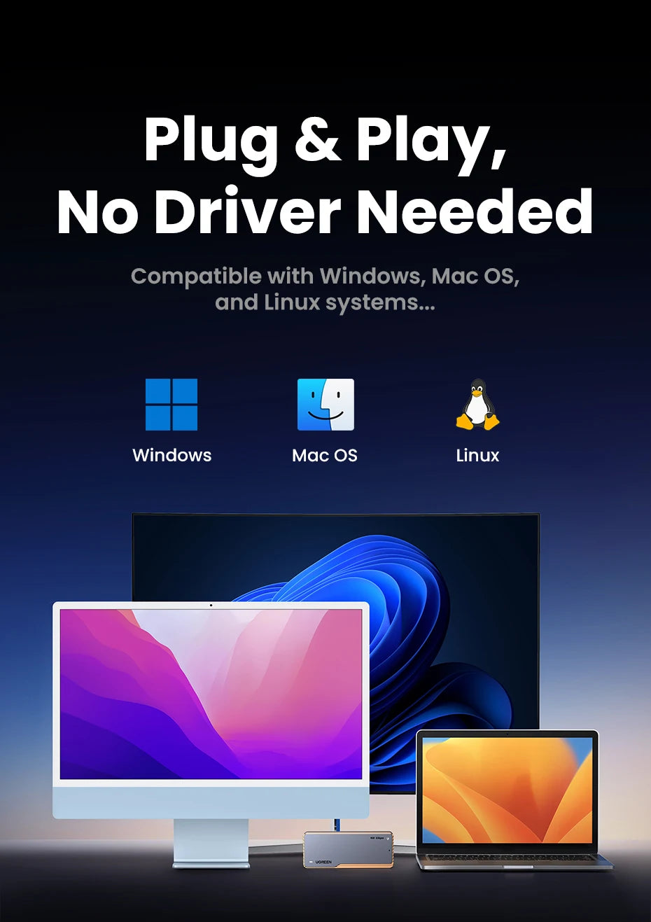 UGREEN 40Gbps NVMe SSD Enclosure – M.2 to USB4.0 Adapter with Built-in Cooling Aluminum Case