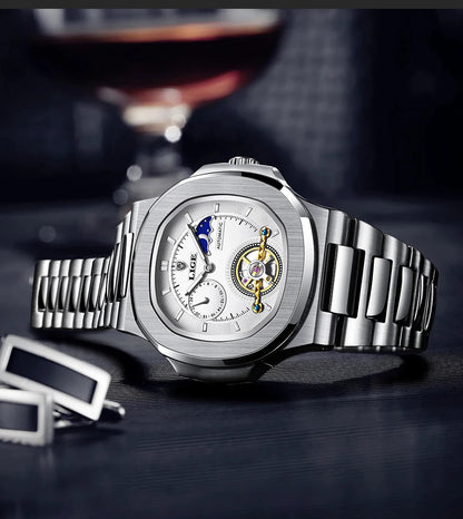 LIGE Dual Seconds Tourbillon Watch – Men's Stainless Steel Mechanical Timepiece, 24H, Night Glow, Waterproof