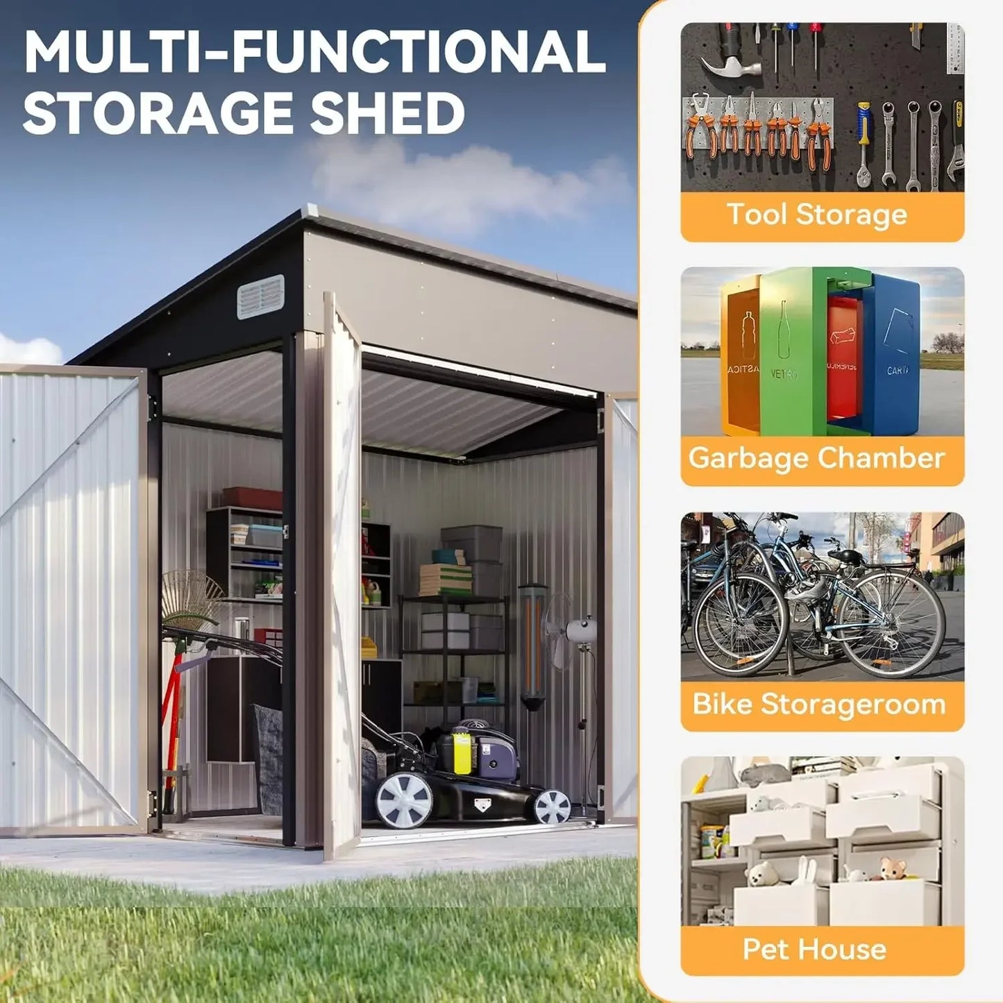 11.5'x7.5' Outdoor Metal Storage Shed – Triple Lockable Door with Sloping Roof for Tools & Bicycles