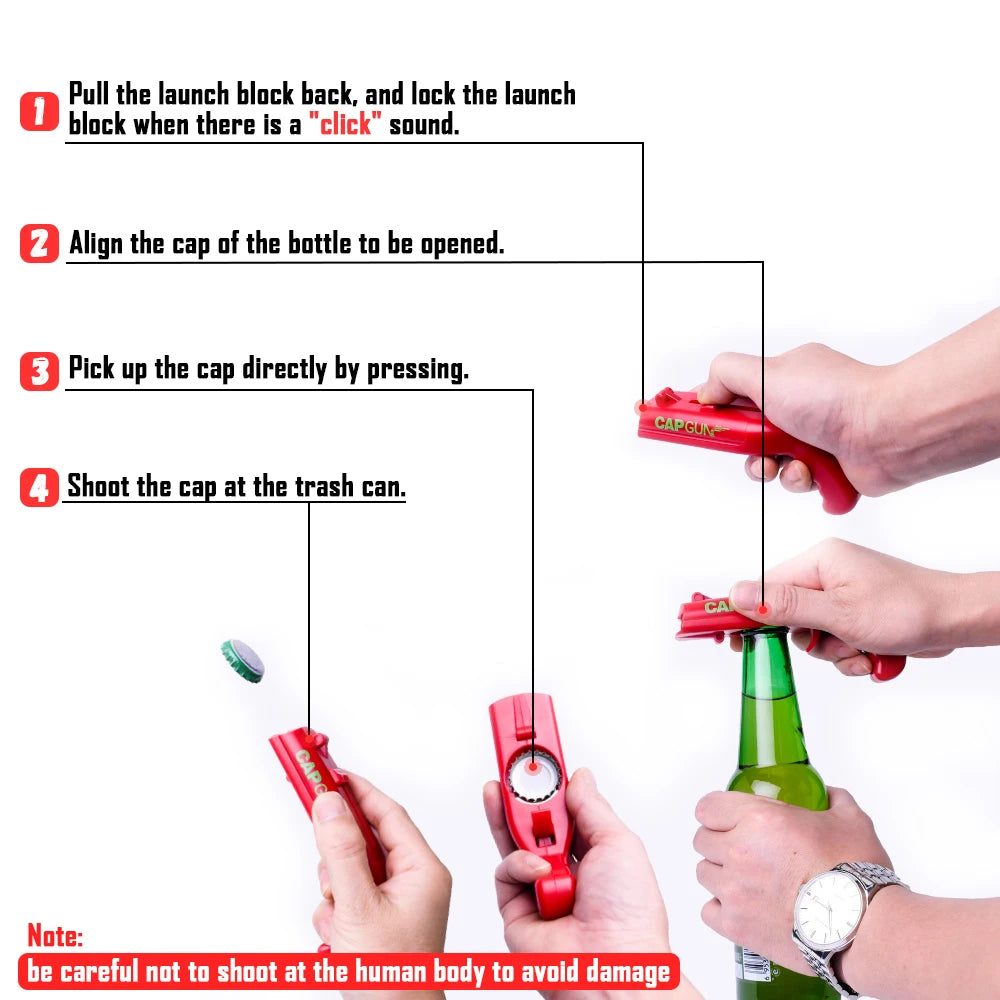 Portable Cap Gun Bottle Opener – Creative Flying Cap Launcher, Gun-Shaped Drink Opener for Beer, Red & Gray