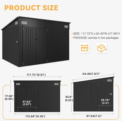 11.5'x7.5' Outdoor Metal Storage Shed – Triple Lockable Door with Sloping Roof for Tools & Bicycles
