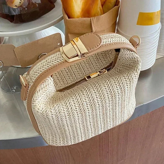 Summer Small Straw Handbag — Trendy Woven Bucket Crossbody Shoulder Bag, Casual Beach Tote for Girls