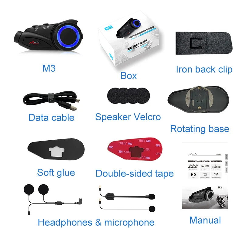 MAXTO M3 Motorcycle Helmet Bluetooth Headset — 1080P WiFi Video Recorder, Waterproof Intercom for 6 Riders, 1000m Range