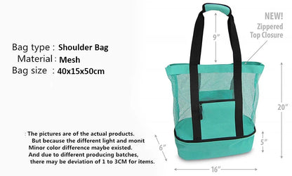 Women’s Waterproof Picnic & Beach Tote Bag – Double Layer Transparent Mesh Insulated Shopping Bag