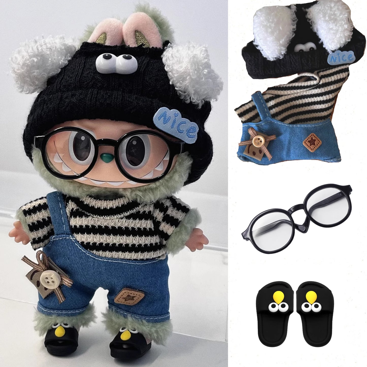 17cm Mini Doll Clothes Set – Kpop EXO Labubu Idol V1 V2 Striped Sweater Overalls, Glasses & Hat Accessories