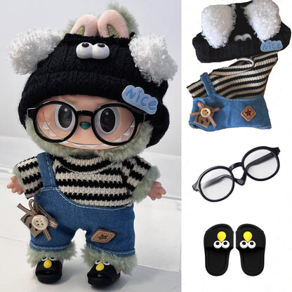 17cm Mini Doll Clothes Set – Kpop EXO Labubu Idol V1 V2 Striped Sweater Overalls, Glasses & Hat Accessories