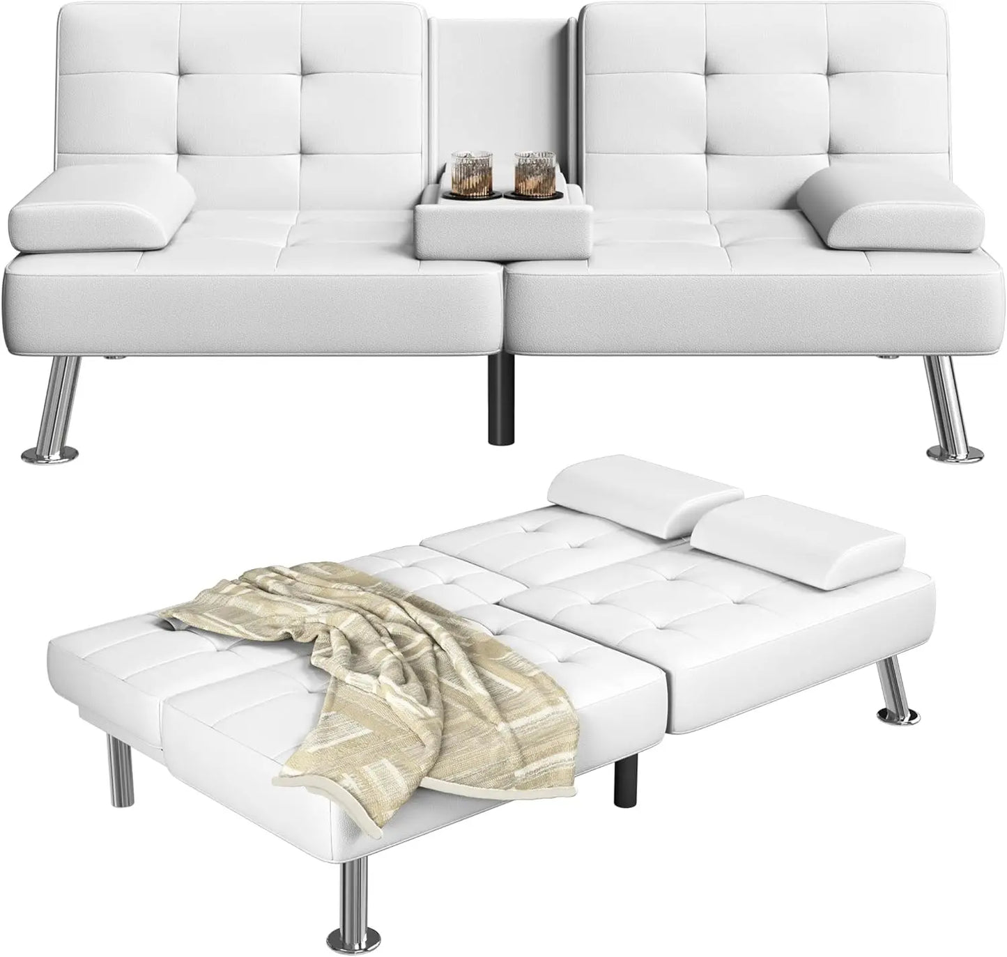 Adjustable PU Leather Futon Sofa Bed with Built-in Cup Holders – Modern Convertible Sleeper Couch