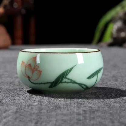 Traditional Celadon Hand-Painted Teacup — 80ml Ceramic Lotus & Bamboo Double-Fish Chinese Tea Cup