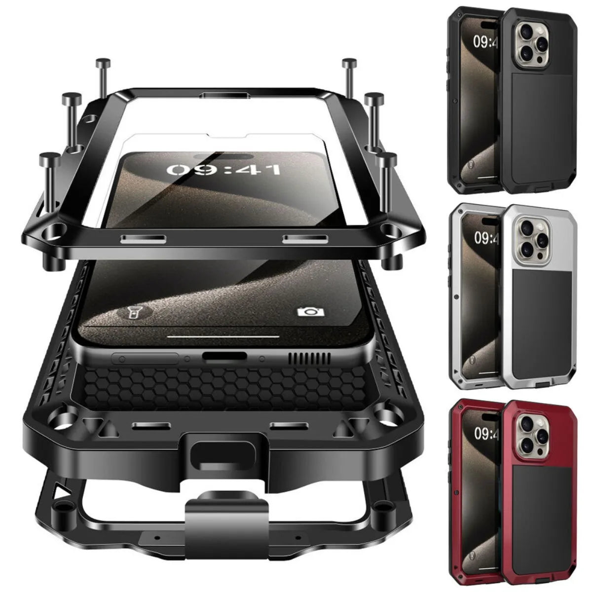 Heavy Duty Aluminum Metal Case for iPhone 16/15/14/13/12/11 Pro Max – Shockproof Gorilla Glass Cover for iPhone XS Max/XR/7/8