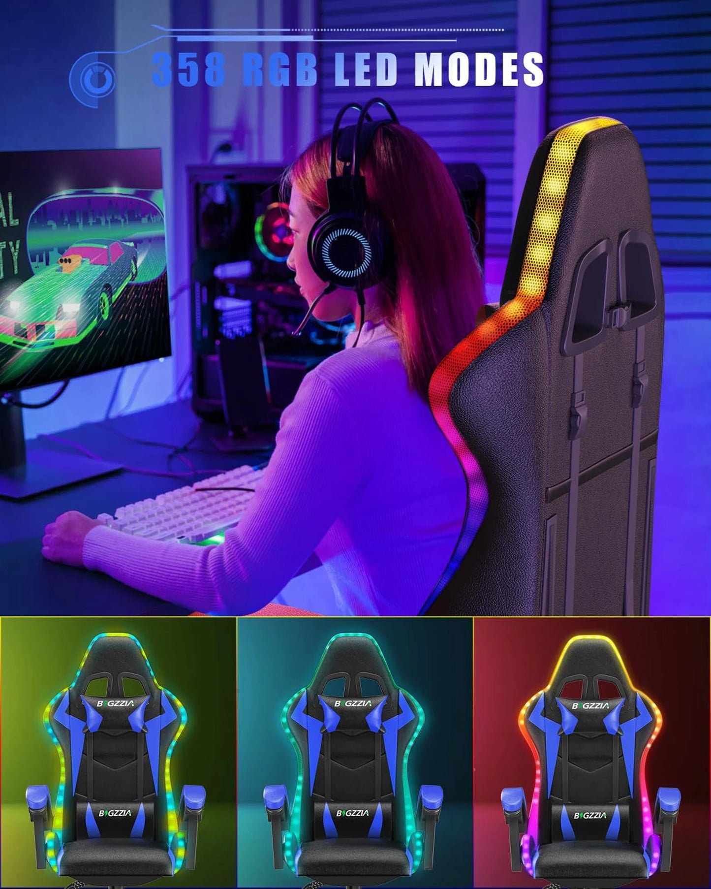 RGB Gaming Chair with LED Lights – Ergonomic PU Leather High Back Reclining Office Chair with Headrest