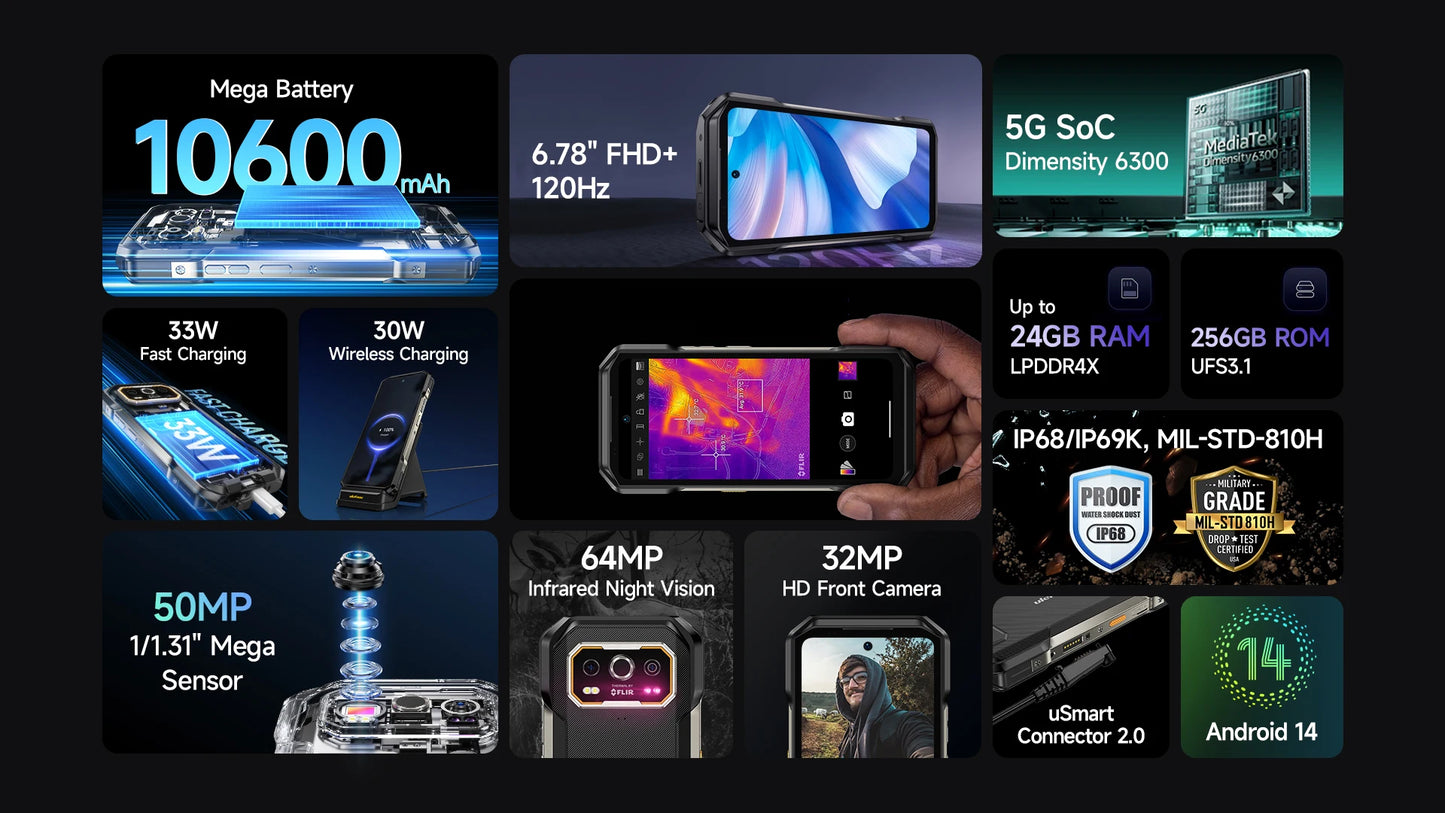 Ulefone Armor 27T Pro 5G Rugged Smartphone – 10600mAh, Android 14, 50MP+64MP Night Camera, 6.78" 120Hz, 24GB+256GB, NFC