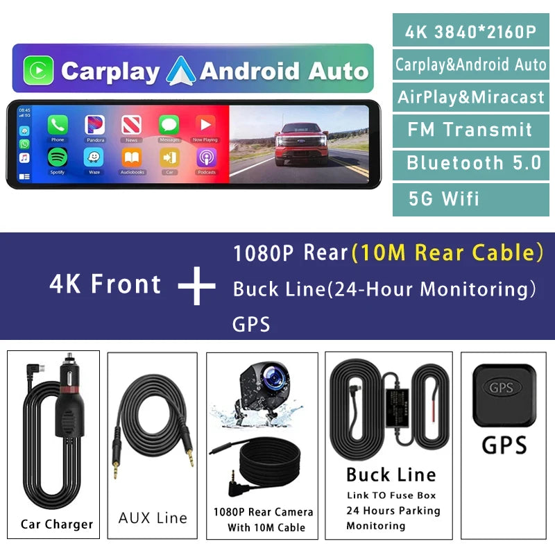 11.26" 4K 2160P Car DVR Dash Cam – CarPlay, Android Auto, GPS, WiFi, Bluetooth, FM, Rear View Mirror Camera & Drive Recorder