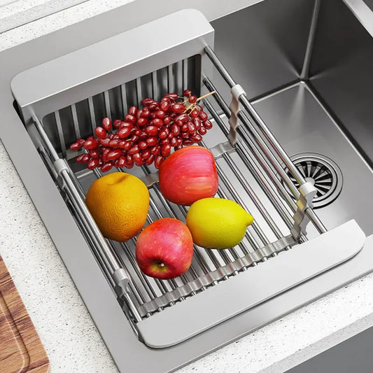 Folding Stainless Steel Kitchen Sink Drain Rack – Space-Saving Dish Drain Basket & Sink Organizer