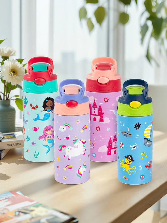 Cartoon Stainless Steel Insulated Cup — Animal Print Thermal Tumbler with Straw Lid, Bow Design Coffee Cup Gift