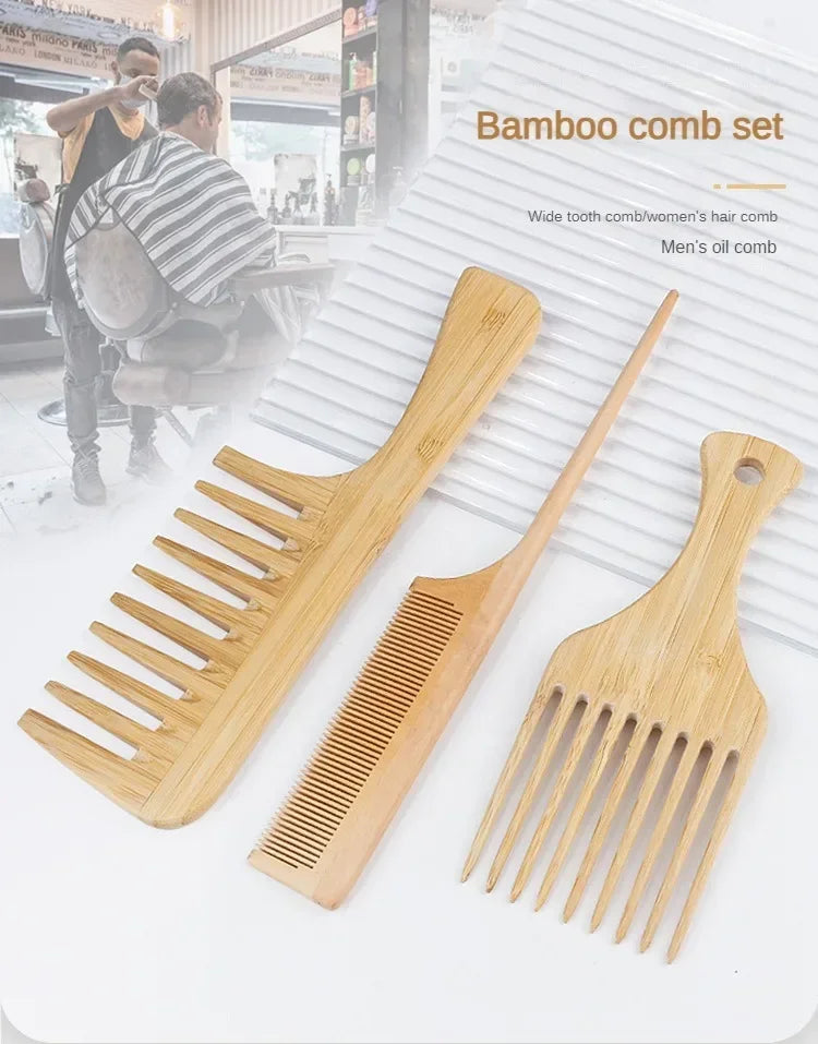 Natural Bamboo Wooden Hair Comb – Anti-Static Afro Fork, Wide Tooth Round Comb & Hair Brush for Women