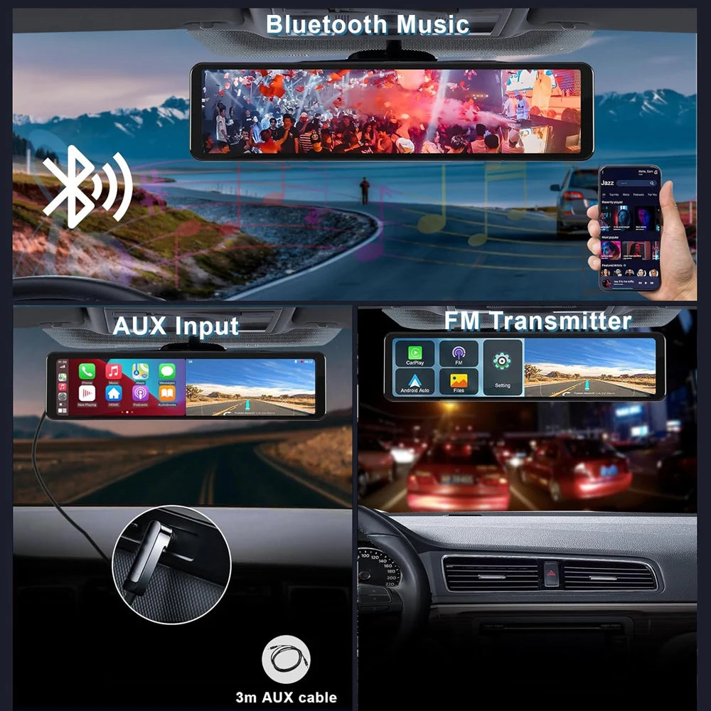 11.26" 4K 2160P Car DVR Dash Cam – CarPlay, Android Auto, GPS, WiFi, Bluetooth, FM, Rear View Mirror Camera & Drive Recorder