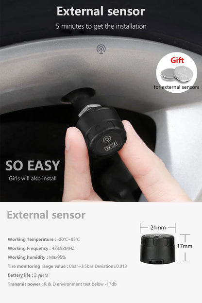 Solar Car TPMS Tire Pressure Monitoring System – External Sensors for 4 Wheels Tyre Pressure Detection