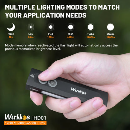 Wurkkos HD01 Multi-Function Rechargeable Flashlight – 1200LM Flat Torch with Green, White, RGB Side Light, IP65 Waterproof