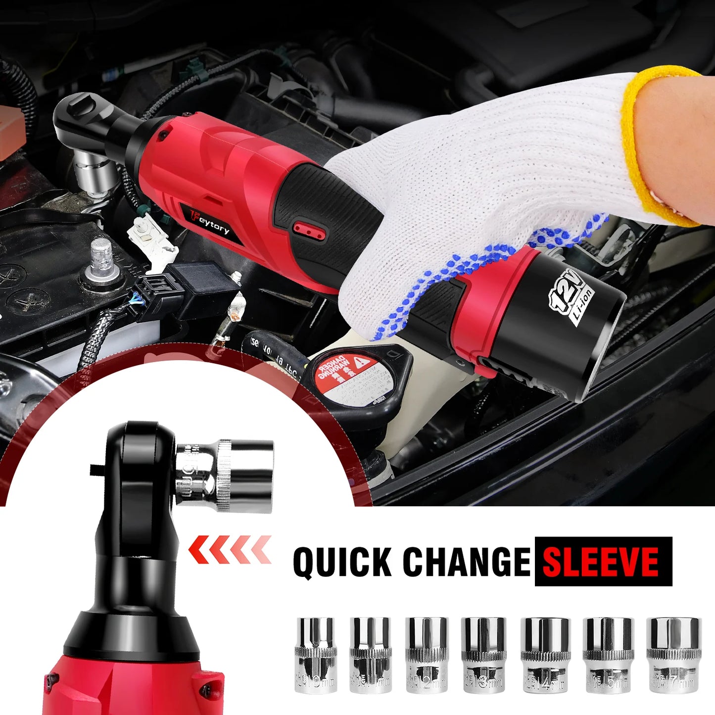 3/8 Inch Cordless Electric Wrench | 90° Right Angle Ratchet with 12V Rechargeable Batteries, 7 Sockets for Car Repair